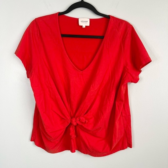 Sezane Tops - Sezane Size L • Red Short Sleeve Shirt Sleeve Tie Waist Blouse Top.